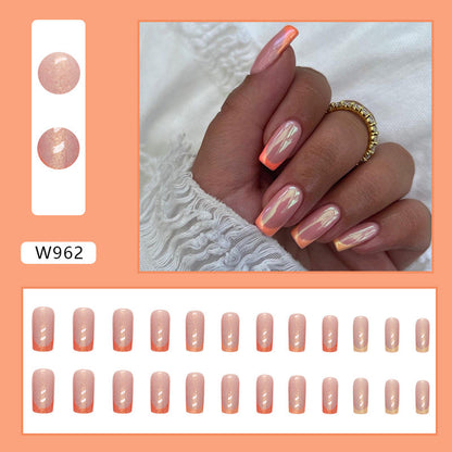 Shiny Aurora Orange French Nails, Mid-Length Square Shape