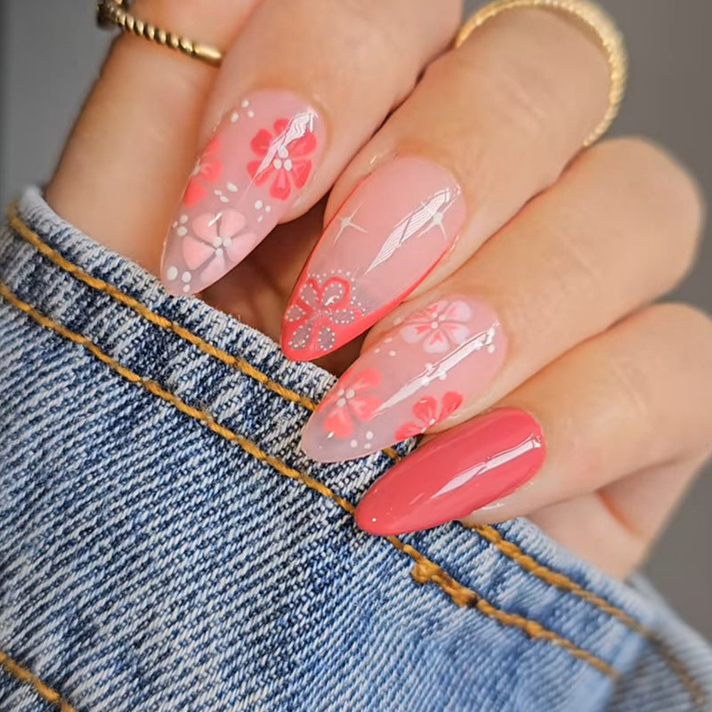 Almond Shape French Floral Nails, Pink and Sweet