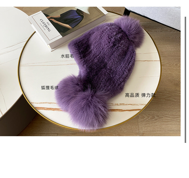 Warm Mink Fur Hat with Fox Fur Pom Pom - Winter Accessory