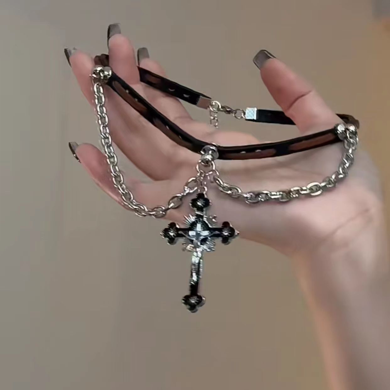 Dark Cross Leather Cord Choker