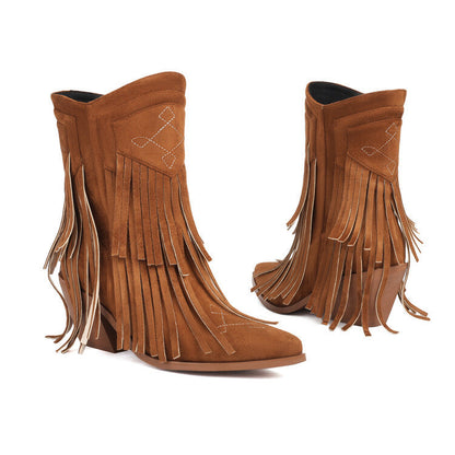 Embroidered Suede Ankle Tassel Accents and Contrast Colors Boots-Homeunderwear