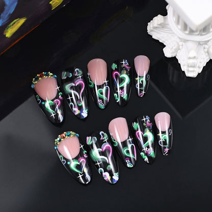 New FashionDark Colored Heart Diamond Almond Nail Tips