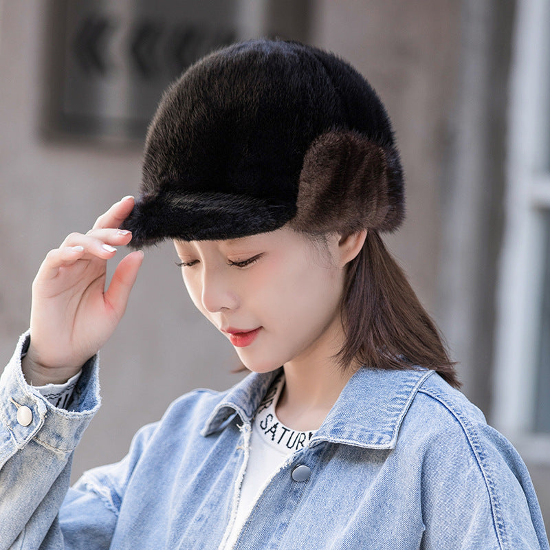 Warm Mink Fur Ear Flap Baseball Cap - Stylish Winter Accessory