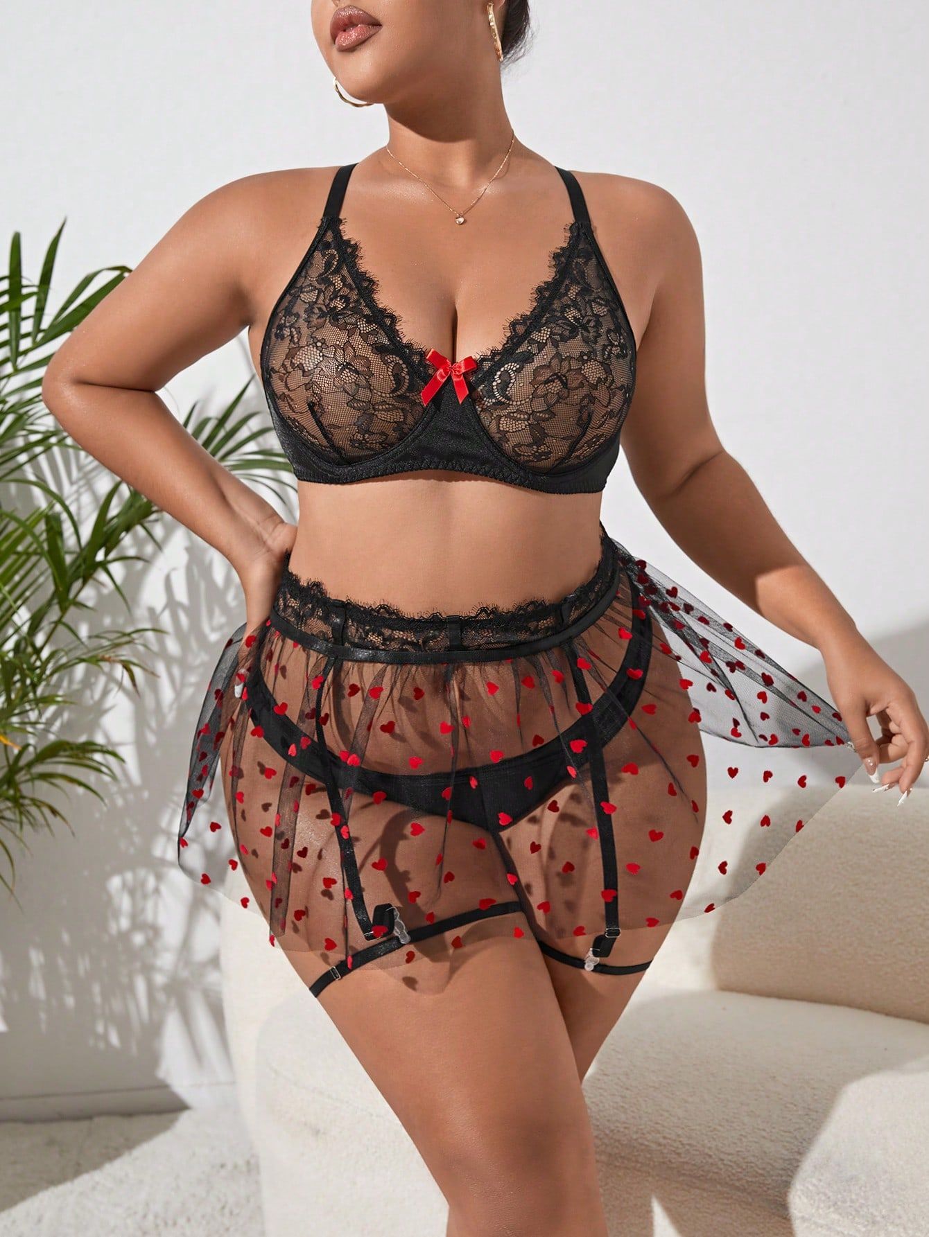 Plus Size Black Love Star Bralette & Panty