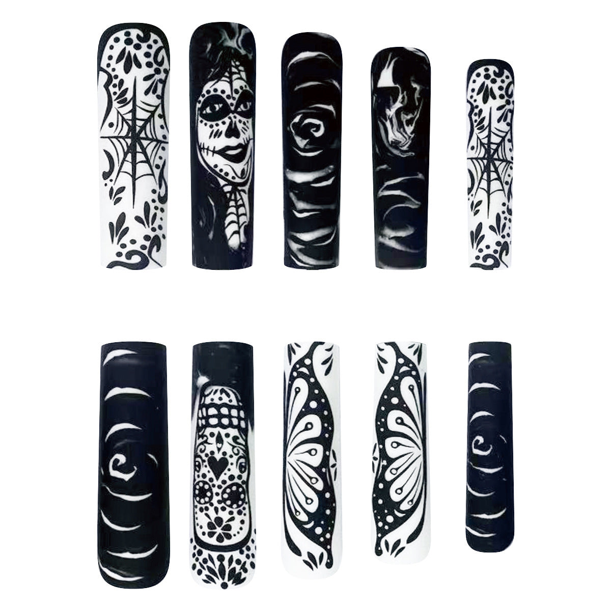 Extra Long Black and White Ombre Nails with Skulls and Flowers