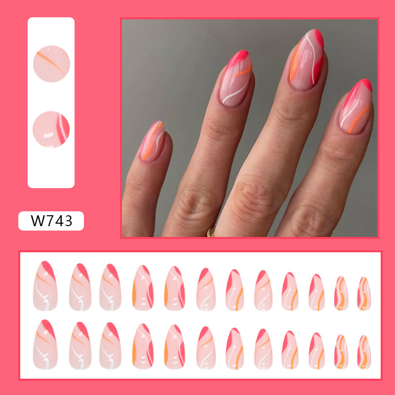 Almond Nails, Irregular Stripes Pink Wave Design