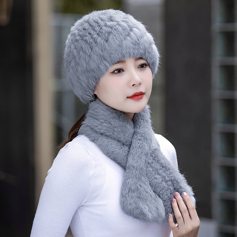 Warm Snow Rabbit Fur Ear Flap Hat & Scarf Set