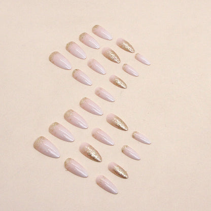 Simple Pure Desire Almond Nails Sparkling Gold Powder Gradient Euro Ins Style Fake Nails-homeunderwear