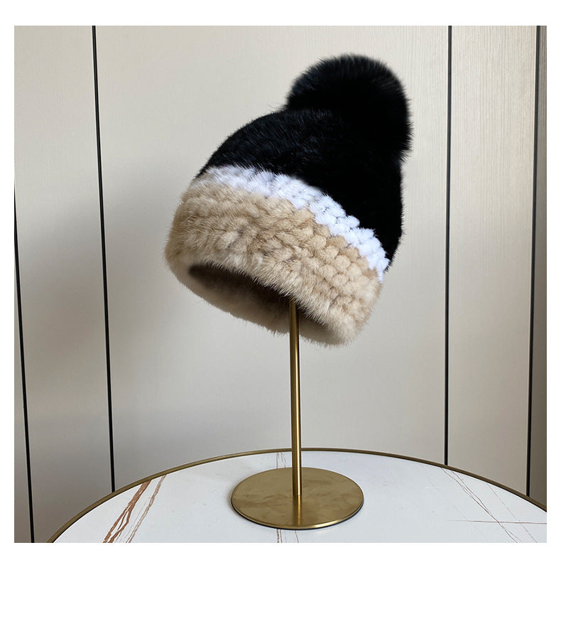 Women's Striped Fur Blend Hat with Real Rabbit Fur Pom Pom