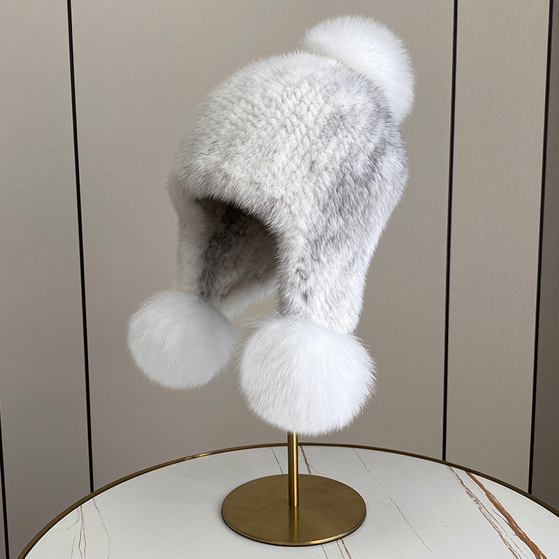 Warm Mink Fur Hat with Fox Fur Pom Pom - Winter Accessory