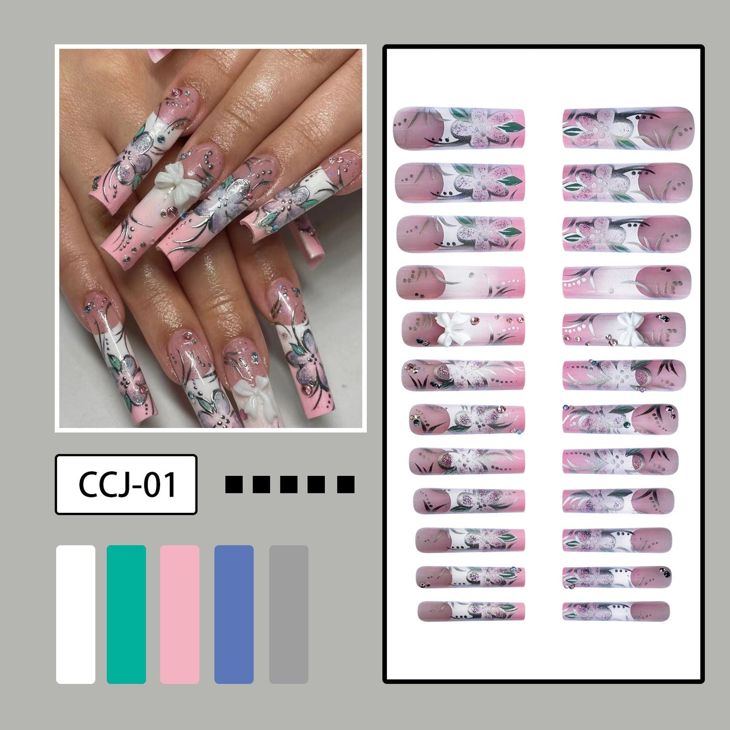 Pink Transparent Extra Long Nail Tips with Bow and Rhinestones