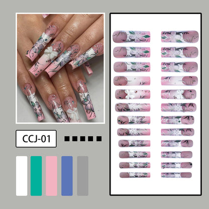 Pink Transparent Extra Long Nail Tips with Bow and Rhinestones