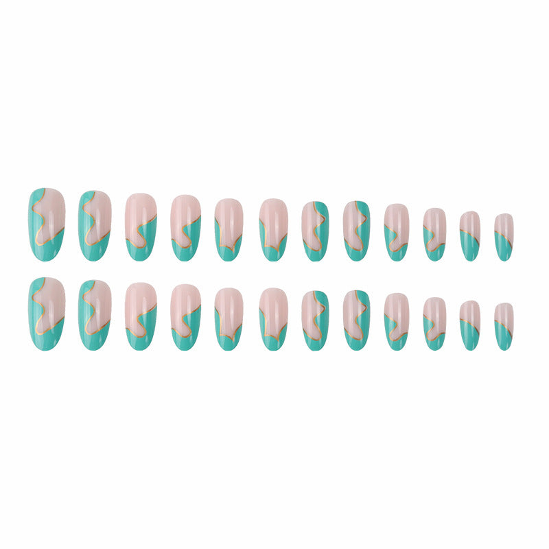 Mint Green Nail Tips with Gold Wave Design