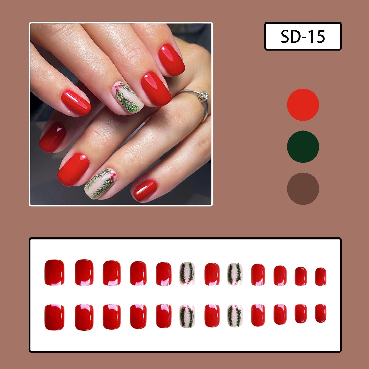 Red Short Square Christmas Nails with Tree Branch Designs