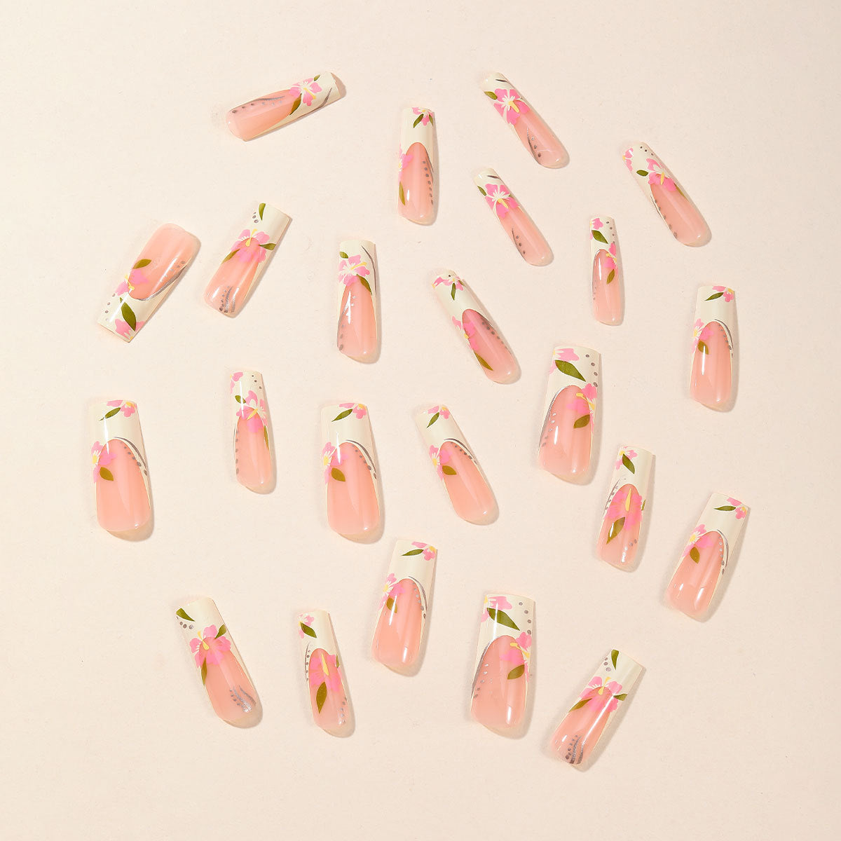 Removable Long Coffin French Nails with Colorful Flowers