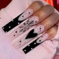 Black French Christmas Nails with Heart Snowflake Design