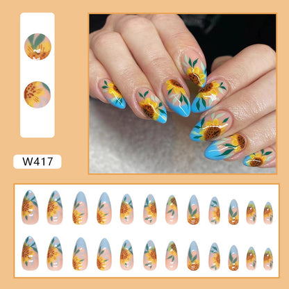 Almond Shape Round Sunflower Nails, Sweet and Edgy, Summer New Arrival-Homeunderwear