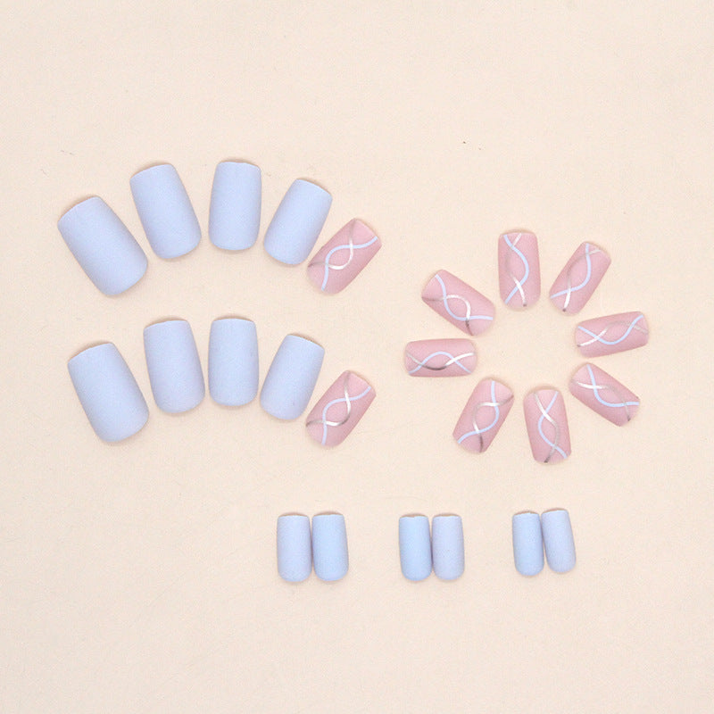 Square Mid-Length Pink Blue Gold Nails - Matte Finish, Wave Pattern