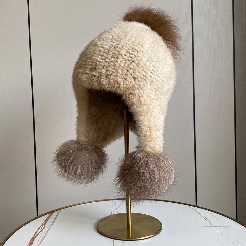 Warm Mink Fur Hat with Fox Fur Pom Pom - Winter Accessory