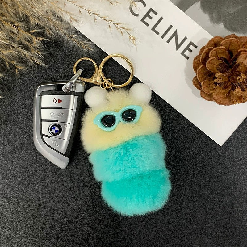 Cute Real Rabbit Fur Caterpillar Bag Charm - Keychain Accessory