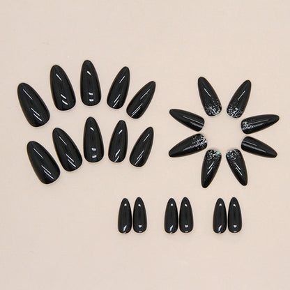 24-Piece Black & Silver Almond Nails - Ins Style,