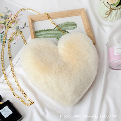 Fashionable Faux Fur Heart-Shaped Bag - Chain Crossbody Purse