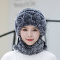 Warm Real Rabbit Fur Ear Flap Hat & Scarf Set