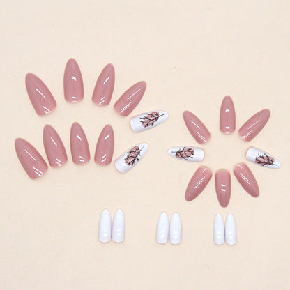 Almond Nails - Soft Peach, Leaf Silhouette, Ready-Made