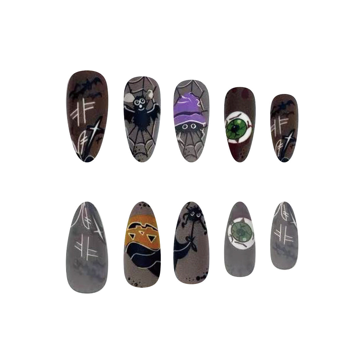 Medium Almond Matte Nails with Halloween Cartoon Designs