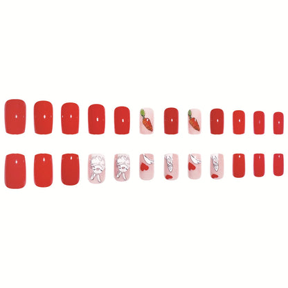 Red Short Square Easter Bunny Carrot Heart Nails