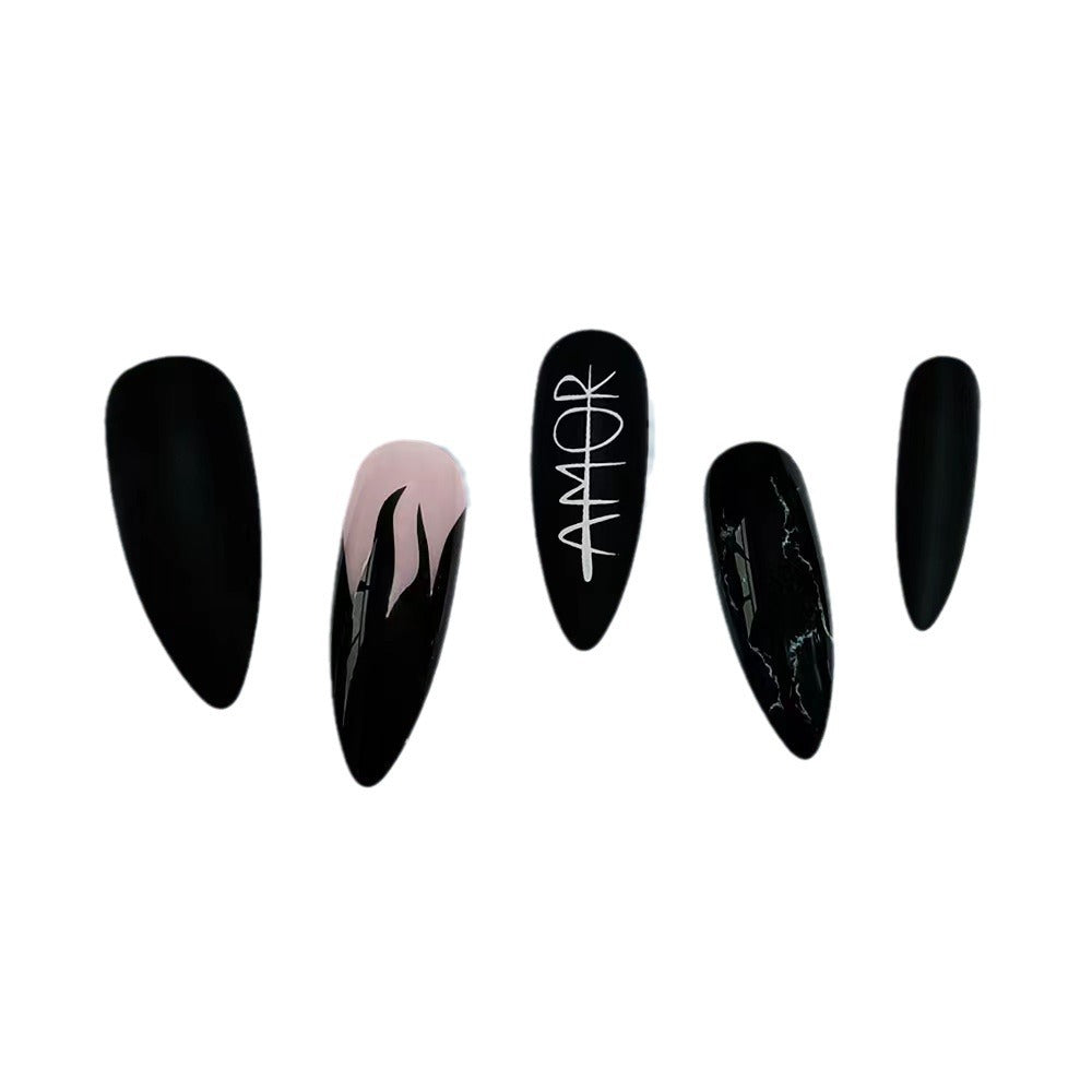 White Letter Black Flame Long Pointed Nail Wraps for Fall Nails