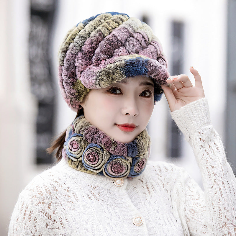 Warm Real Rabbit Fur Cap & Scarf Set - Stylish Winter Wear