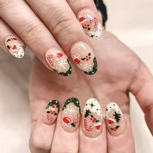 Shiny Oval Christmas Nail Tips with Festive Designs