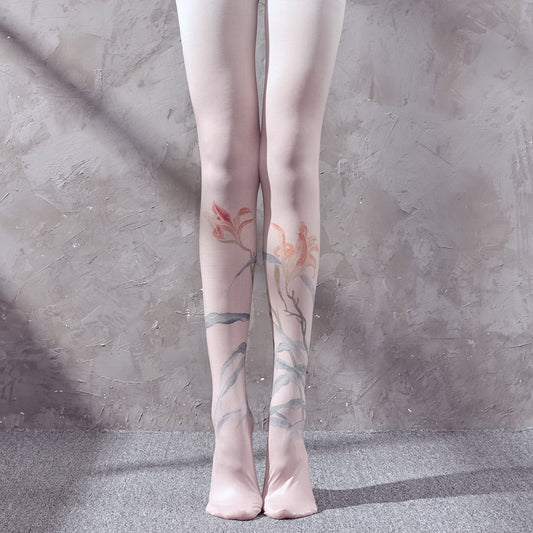 Spring and Autumn 120D Retro Art Sense Ancient Painting Bluegrass Plant Design Printed Pantyhose