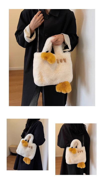 Cute Swan Fuzzy Tote Bag - Winter Shoulder Handbag