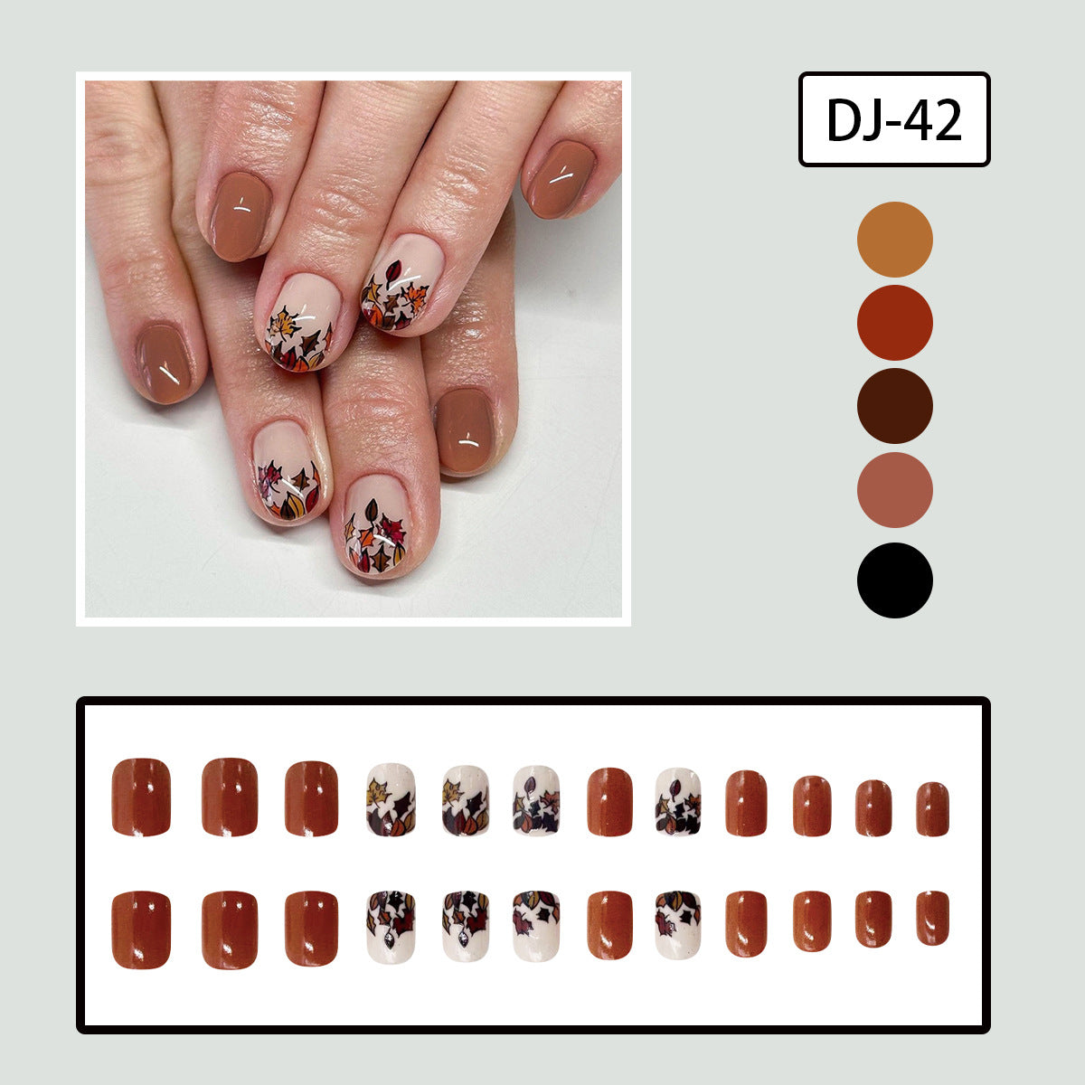 Autumn Coffee Brown Short Square Leaf Design Nail Tips