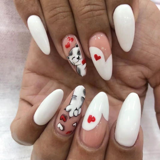 White Almond Nails with Cute Cat and Heart Designs