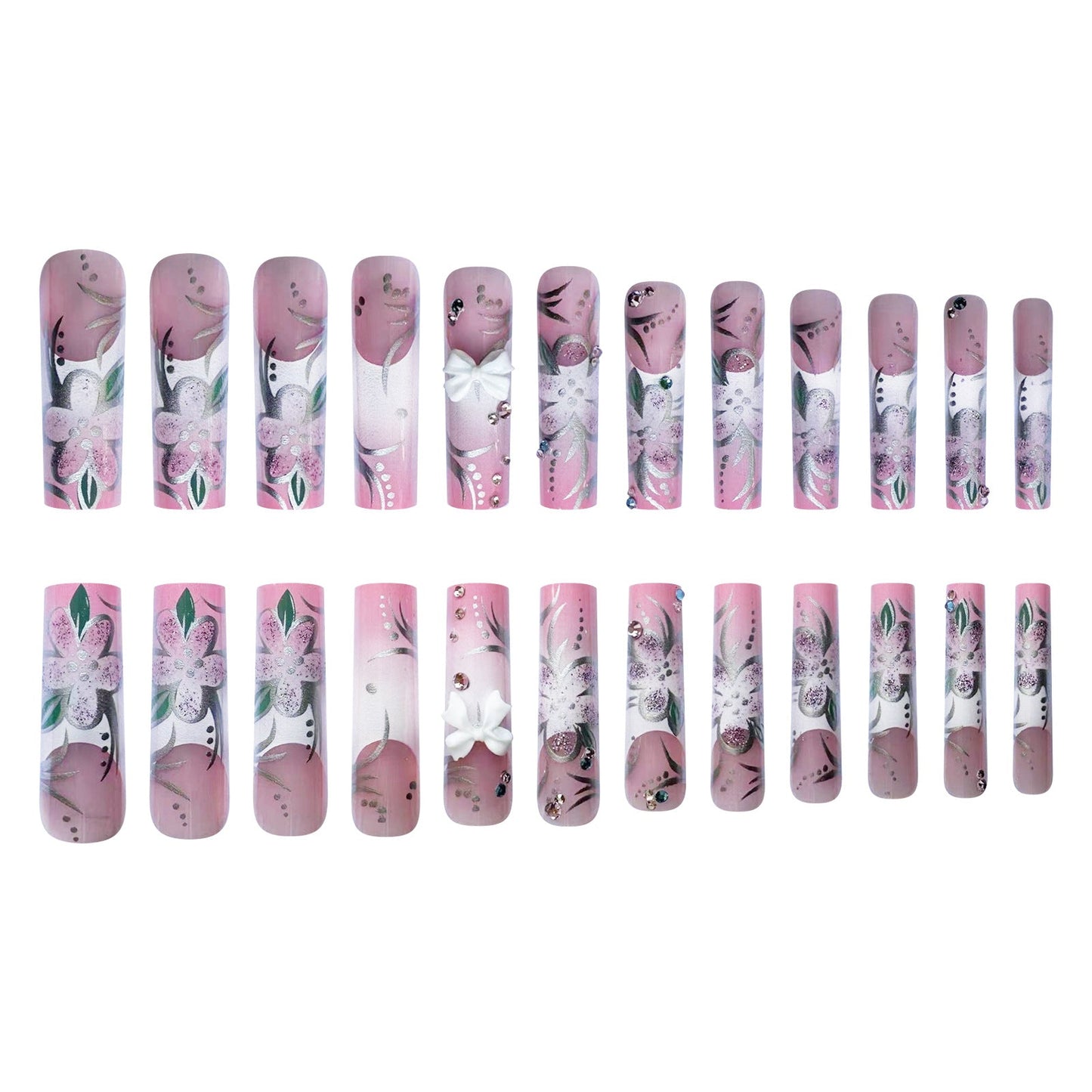 Pink Transparent Extra Long Nail Tips with Bow and Rhinestones