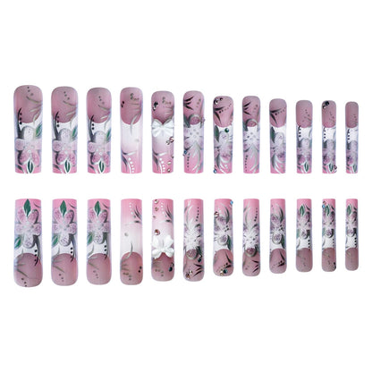 Pink Transparent Extra Long Nail Tips with Bow and Rhinestones