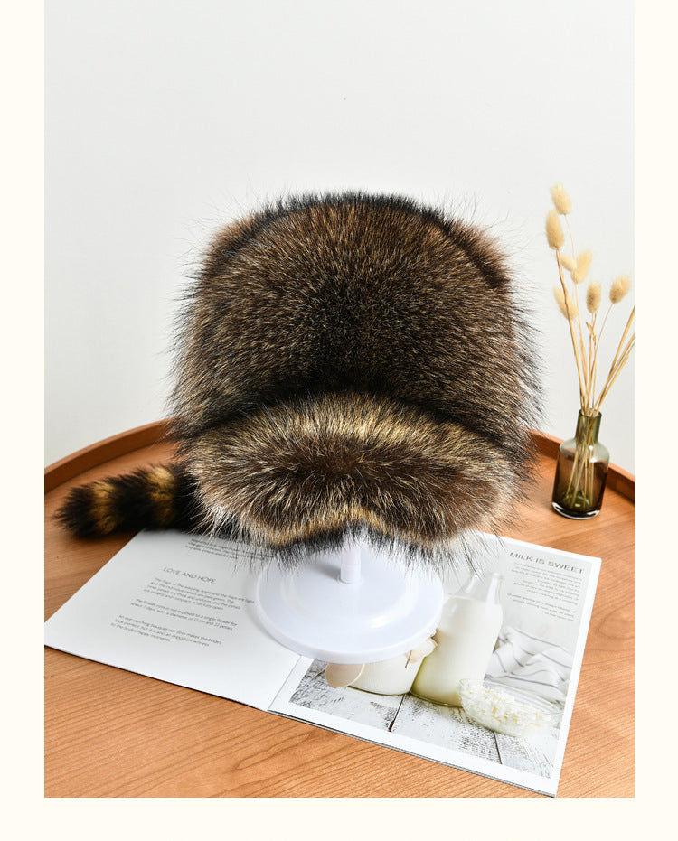 Warm Raccoon Fur Hat with Ear Flaps