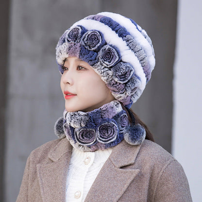 Warm Real Rabbit Fur Ear Flap Hat & Scarf Set