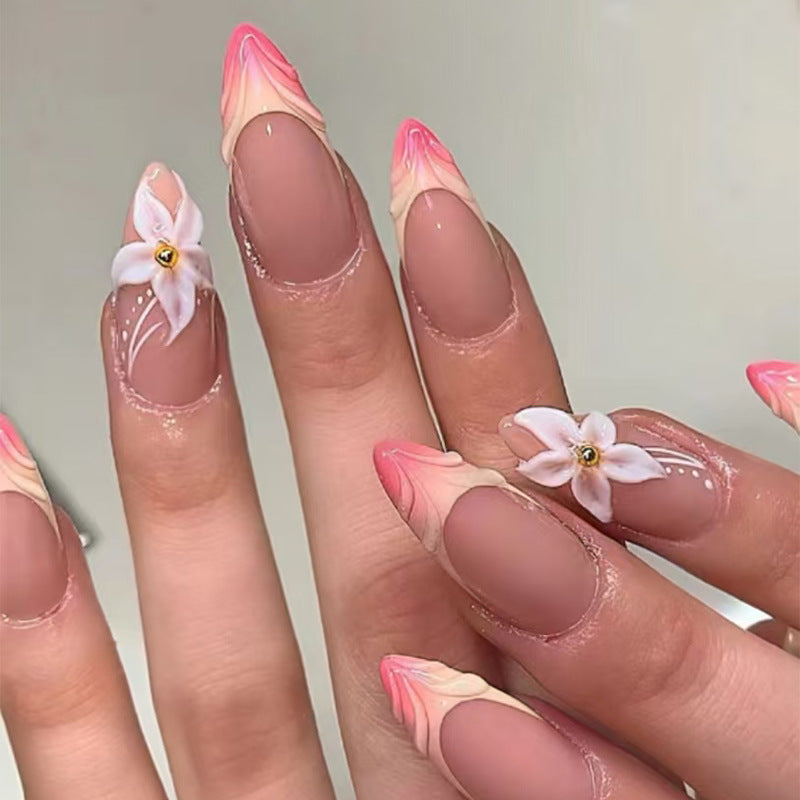 24-Piece Almond French Nail Stickers with 3D Orchids