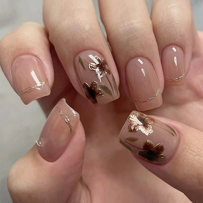 Yiwu Nude Flower Nail Art Tips with Gold Lines, Wearable Nails-Homeunderwear