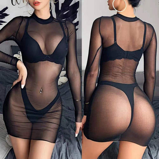 Sexy Mesh Long Sleeve Beach Party Swimsuit Bikini Cover-up Dress