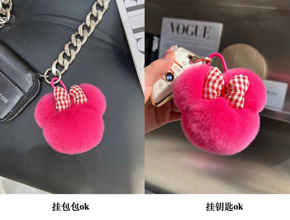 Cute Real Rabbit Fur Mickey Head Keychain with Bow