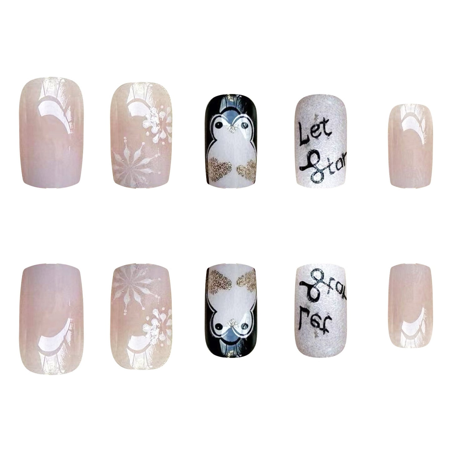 Winter Penguin Glitter Gradient Nails with Snowflakes