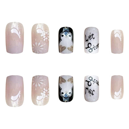 Winter Penguin Glitter Gradient Nails with Snowflakes