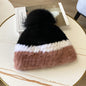 Women's Striped Fur Blend Hat with Real Rabbit Fur Pom Pom