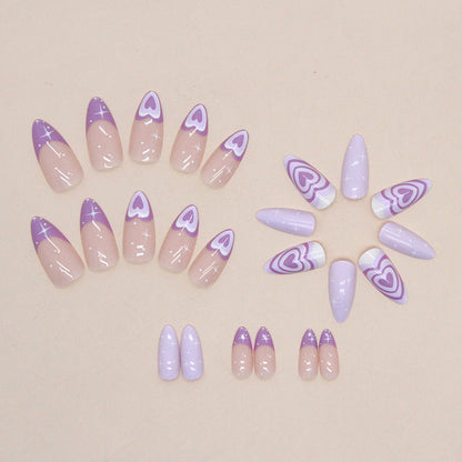 Almond Shape Purple Heart Nails - Dazzling Stars, Mid-Length