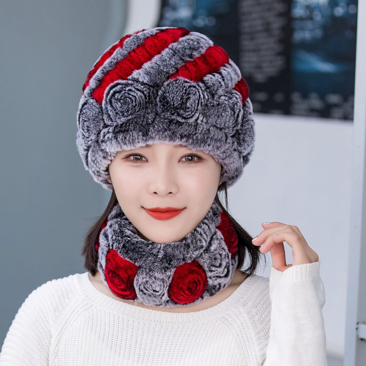 Warm Real Rabbit Fur Ear Flap Hat & Scarf Set